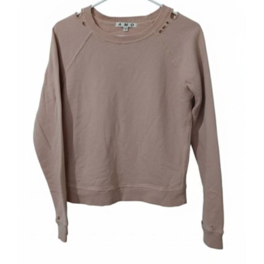 Amo womens small  factory distressed raglan sleeve sweatshirt dusty rose pink